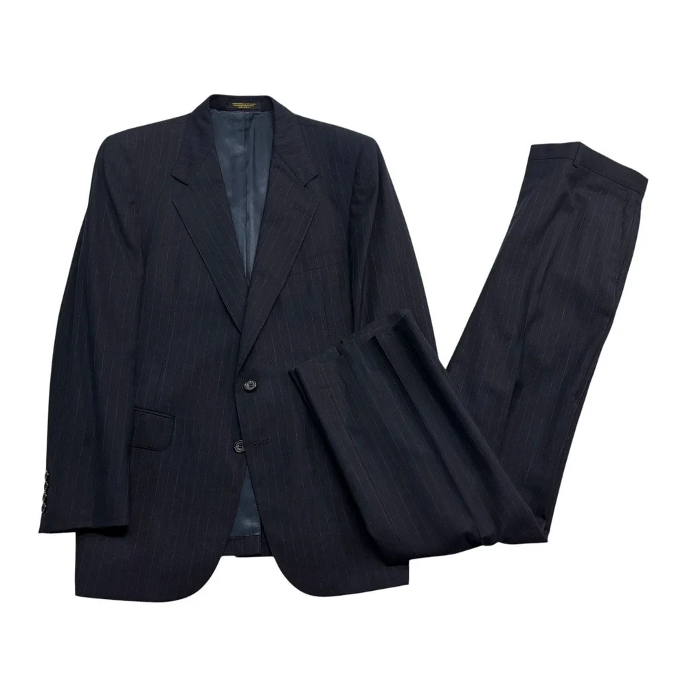 vtg 90s Evan Picone 40R 41R 34x32 Navy Blue Stripe 2pc Pant Suit Bootcut USA